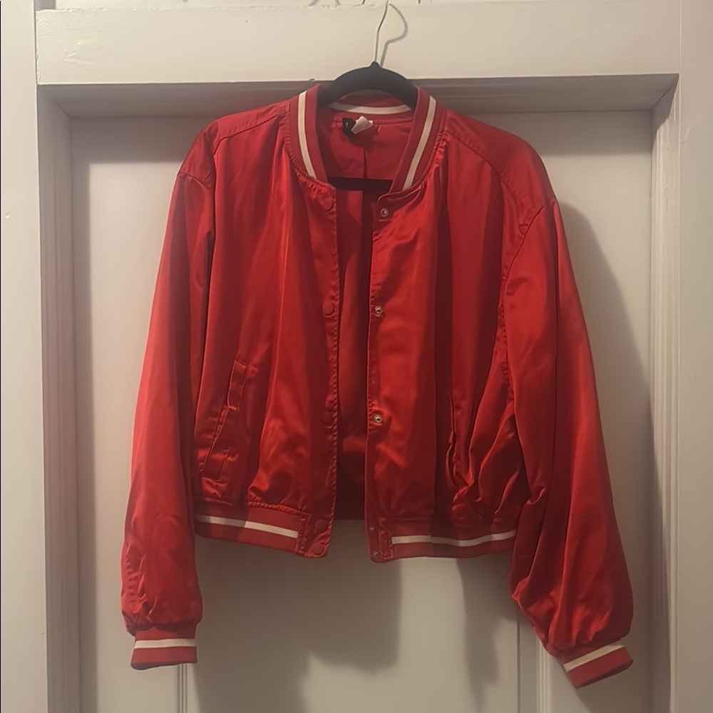 Divided Red Bomber Jacket with Ribbed Details